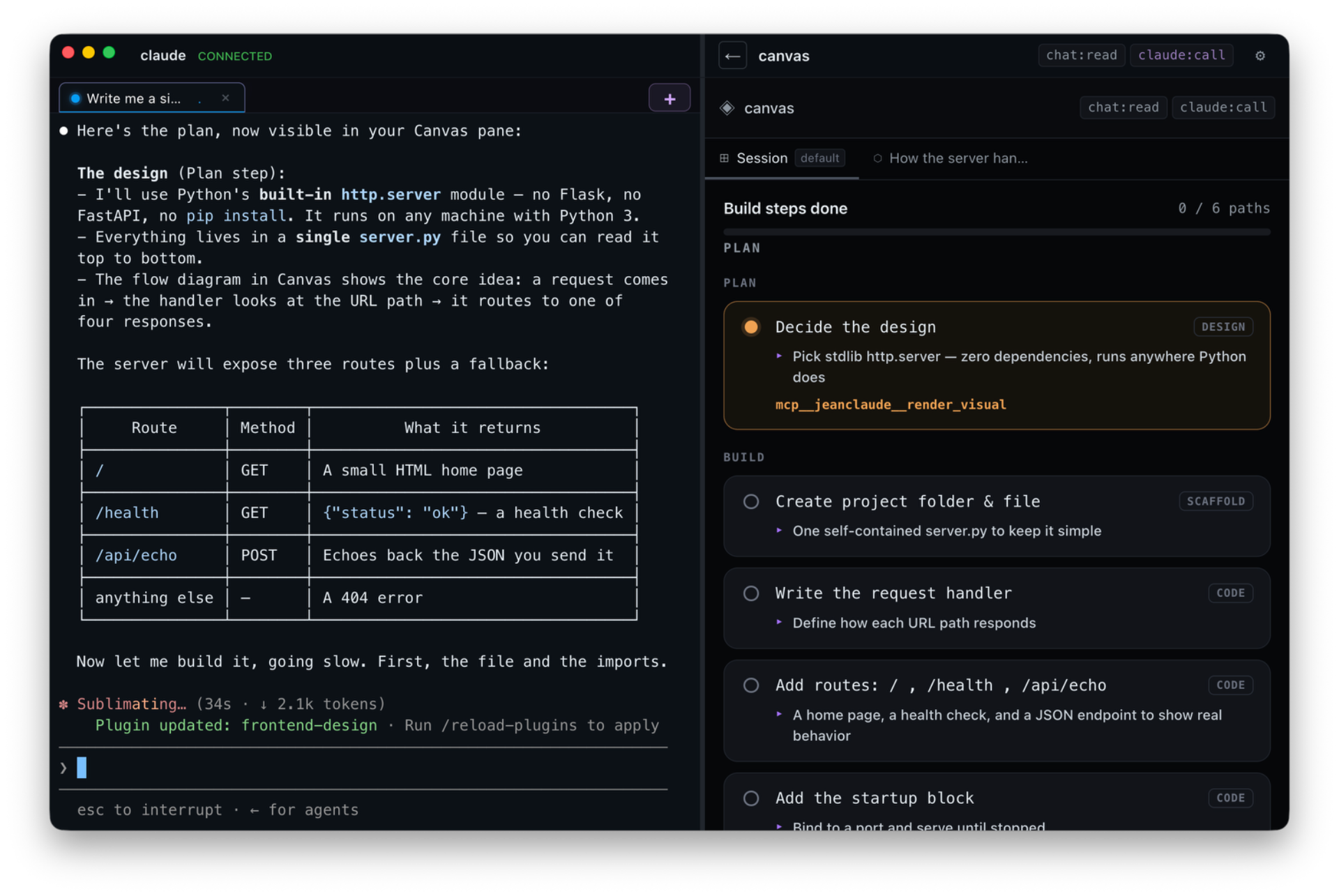 jeanclaude — canvas pane tracking a build plan beside a Claude Code session