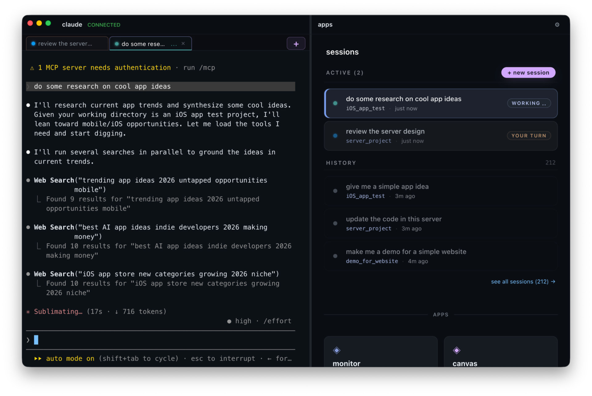 jeanclaude — sessions list and app launcher in the right pane beside a live Claude Code session